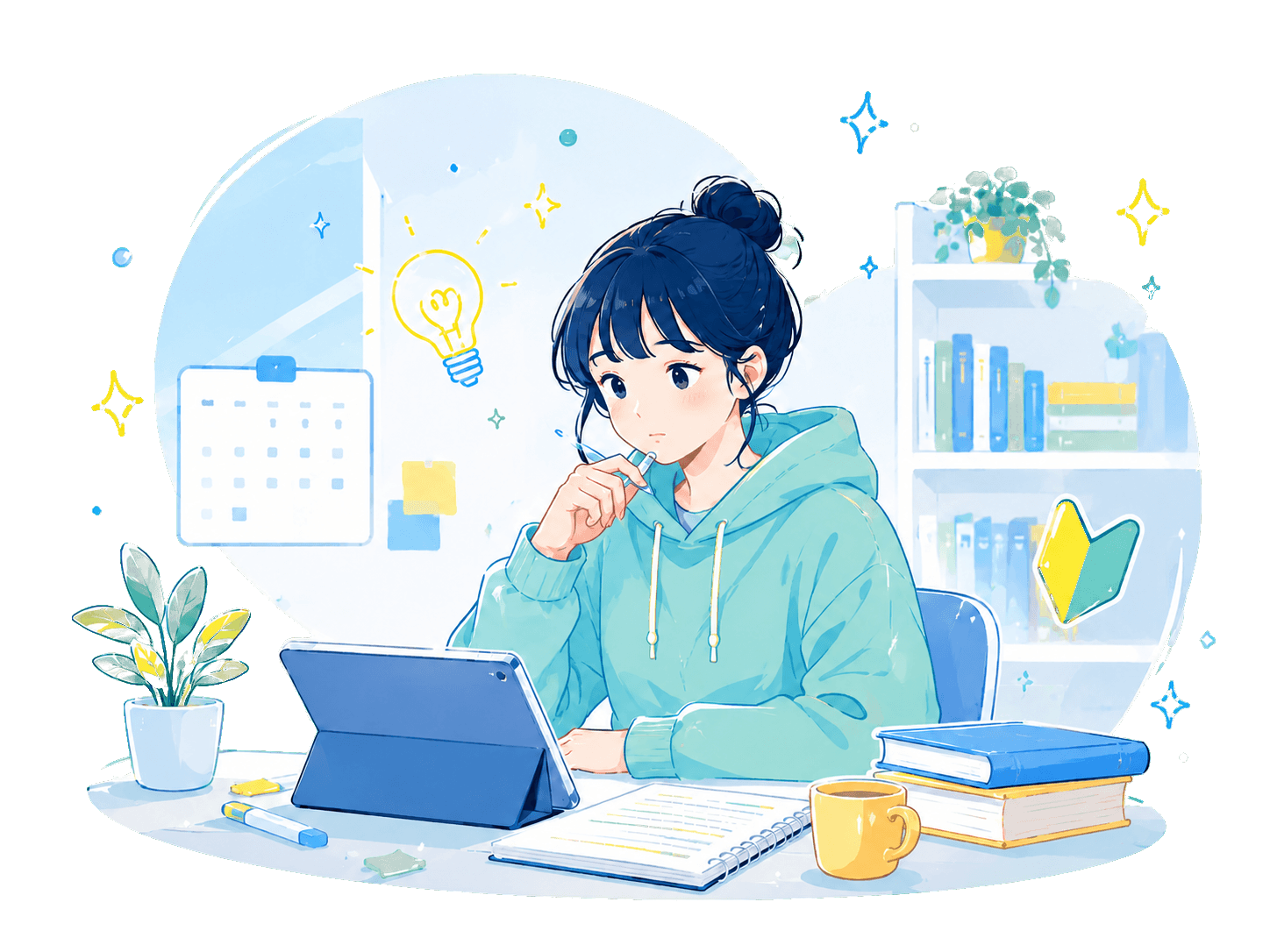 タブレットで学ぶ初心者の女性